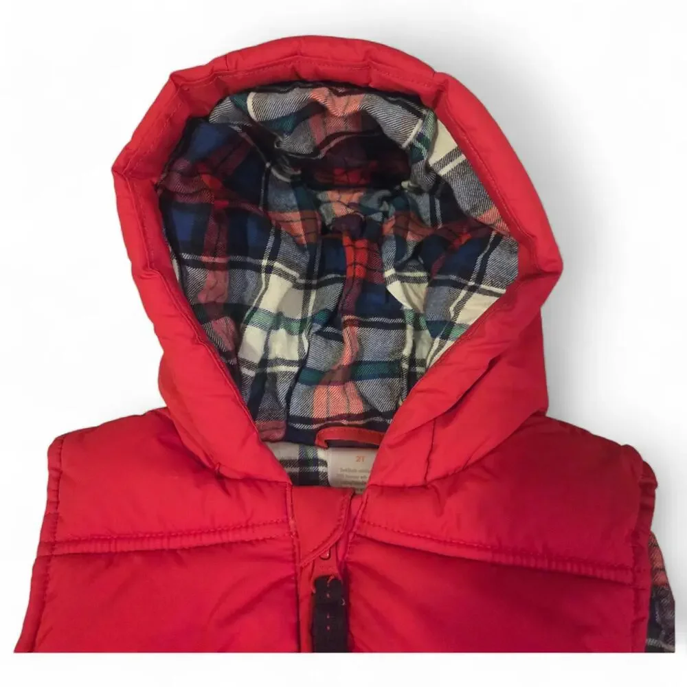 Baby Gap 2T Red Puffer Vest with Plaid Fleece Lining Zips and Real Pockets